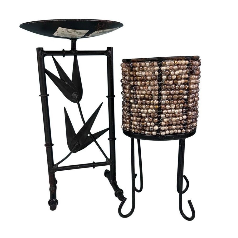 Lot Of 2 Vtg Metal Bamboo Inspired & Beaded Footed Candle Holders Black Brown OS